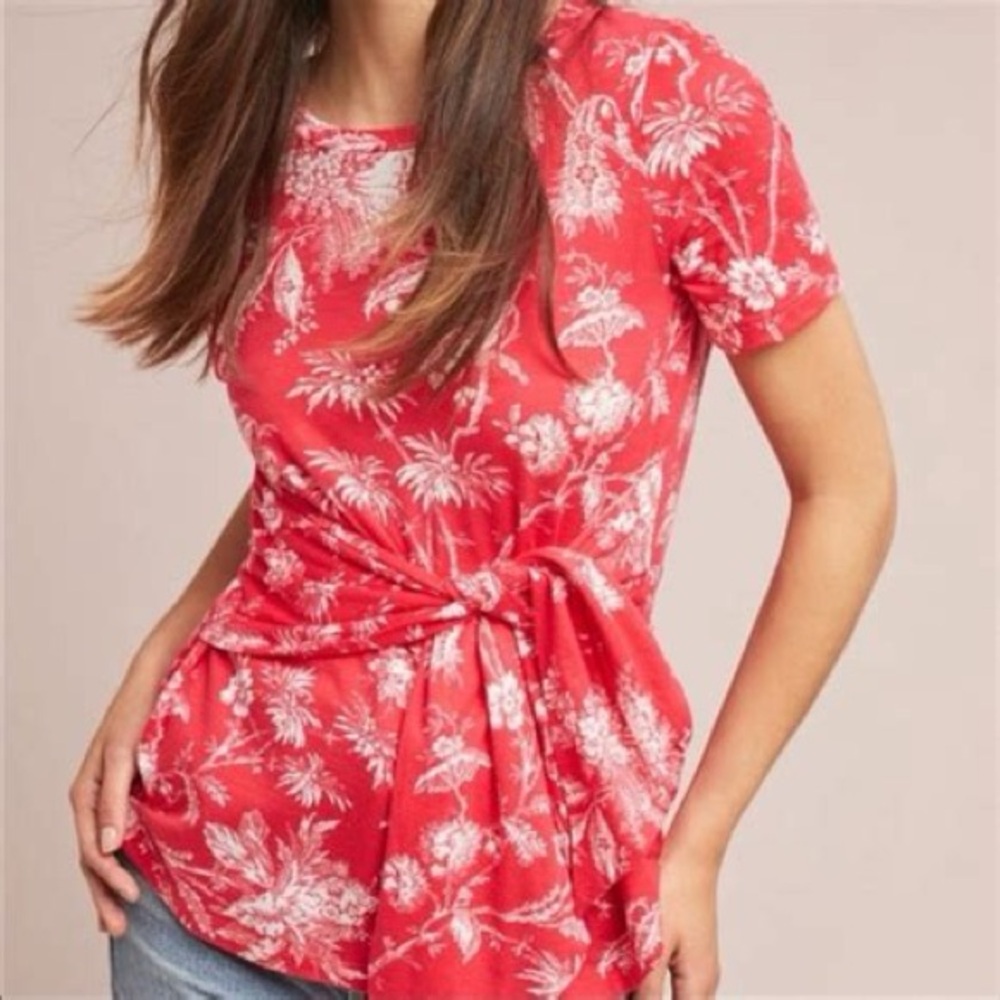 Maeve Anthropologie Red Tie Front Short Sleeve Shirt Size Small M1 - Picture 1 of 7
